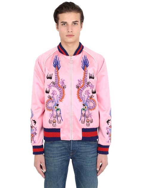 gucci pink embroidered silk bomber jacket with 3 headed dragon|Gucci pink & Blue Butterfly Embroidered Silk Bomber Jacket.